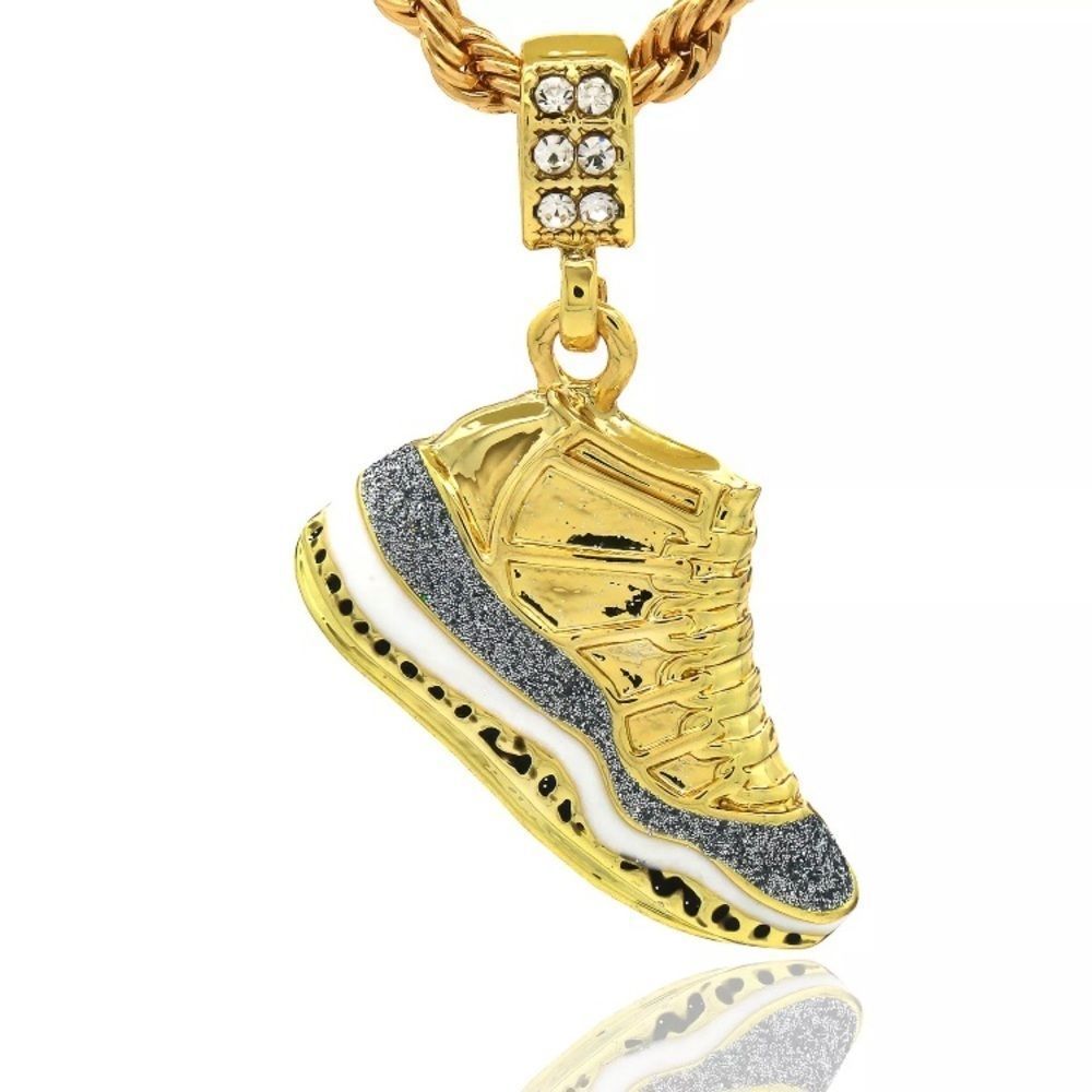 Retro 11 Cool Grey 14K Gold Pendant & Rope Chain